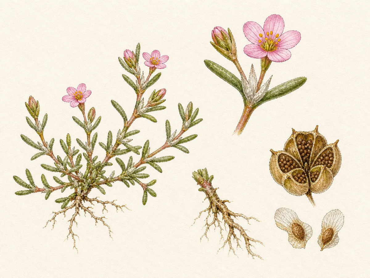 Prancha botânica complementar de Sapinho-do-Sotavento (Spergularia tangerina) com caracteres de identificação e ciclo de vida