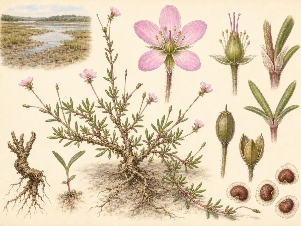 Prancha botânica complementar de Sapinho-dos-estuários (Spergularia media) com caracteres de identificação e ciclo de vida