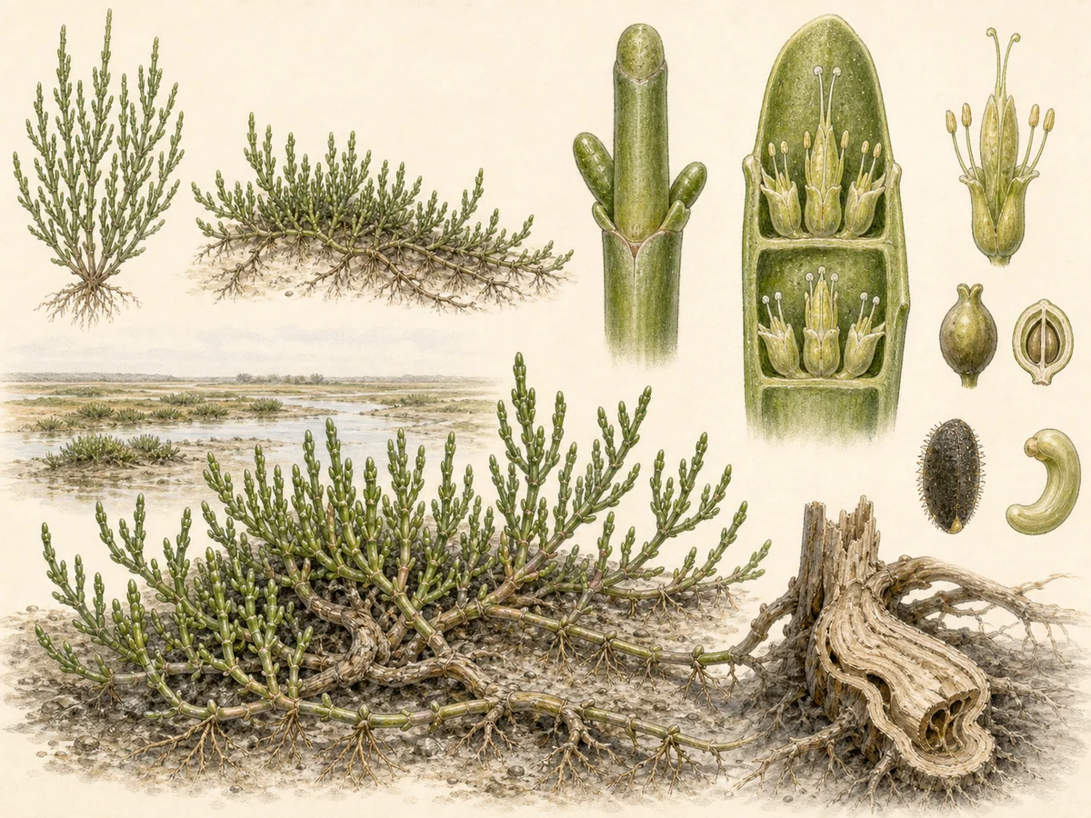 Prancha botânica complementar de Sarcocórnia-perene (Sarcocornia perennis) com caracteres de identificação e ciclo de vida