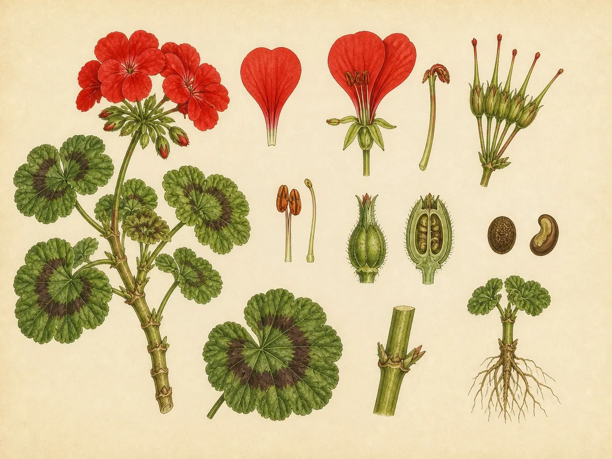 Prancha botânica complementar de Sardinheira (Pelargonium × hortorum) com caracteres de identificação e ciclo de vida