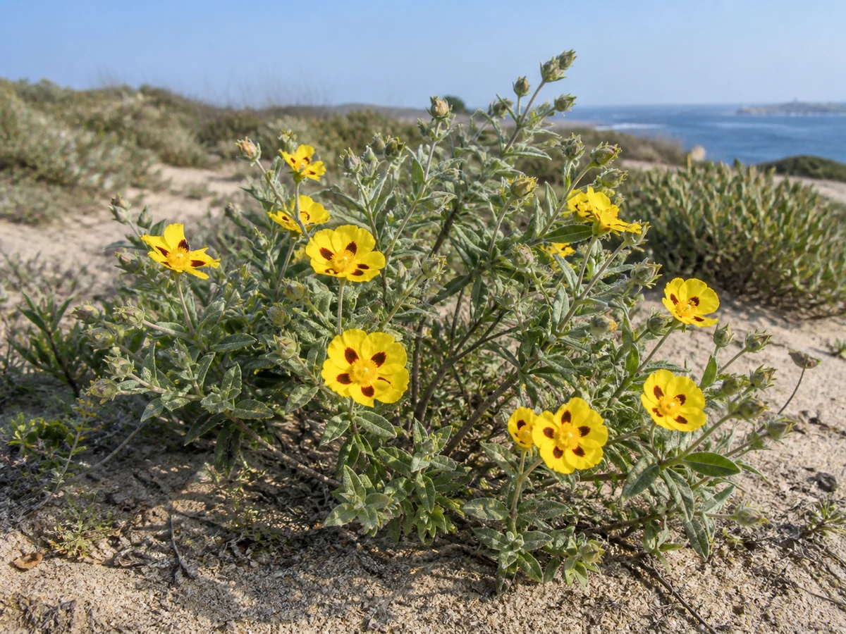 Prancha botânica complementar de Sargaça-maior-das-areias (Halimium halimifolium subsp. multiflorum) com caracteres de identificação e ciclo de vida