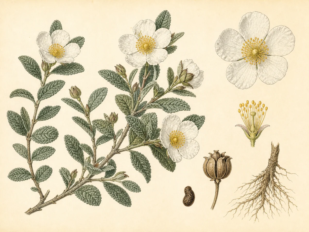 Prancha botânica complementar de Sargaço-mouro (Cistus salviifolius) com caracteres de identificação e ciclo de vida