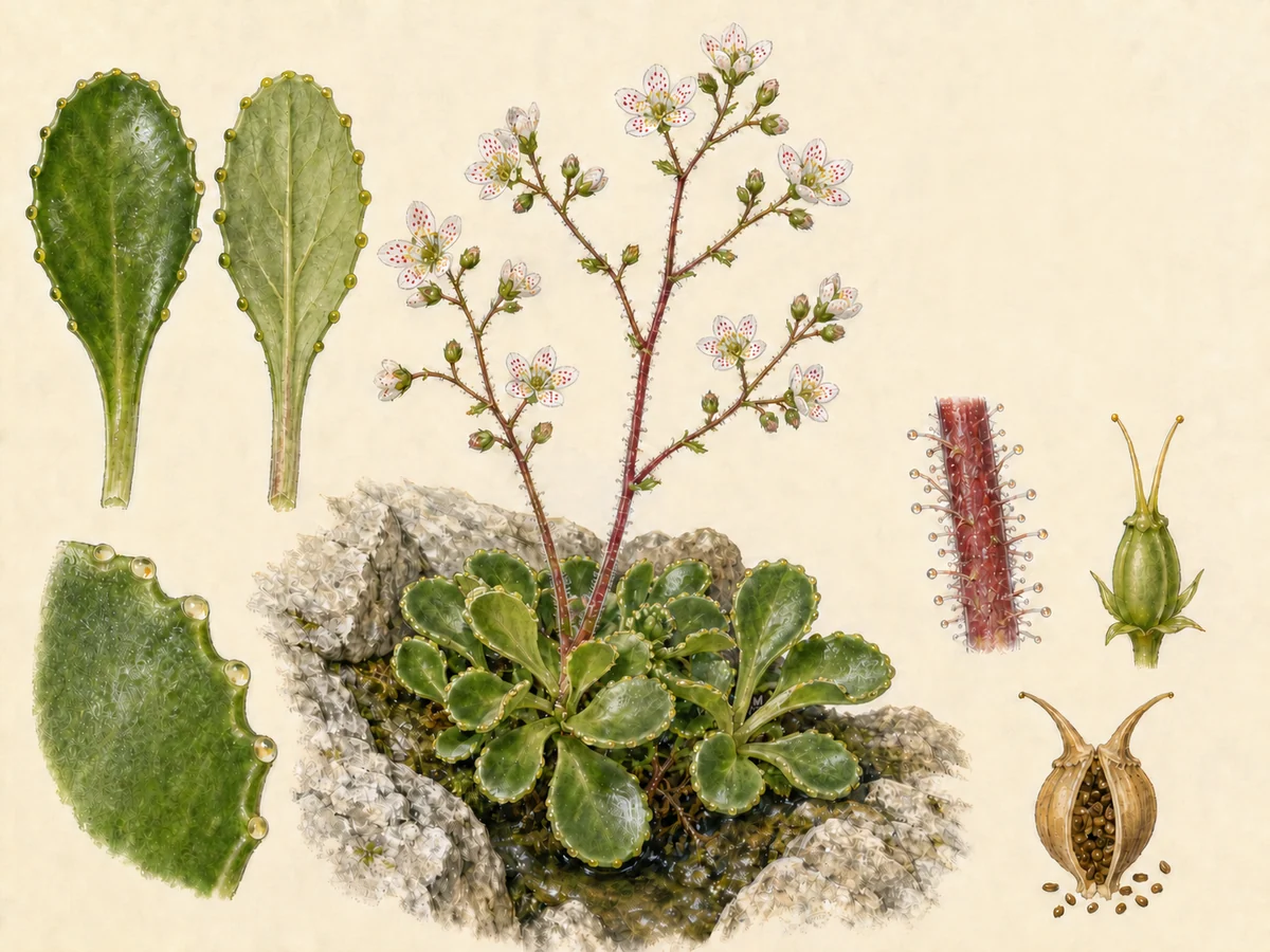 Prancha botânica complementar de Saxífraga-espatulada (Saxifraga spathularis) com caracteres de identificação e ciclo de vida