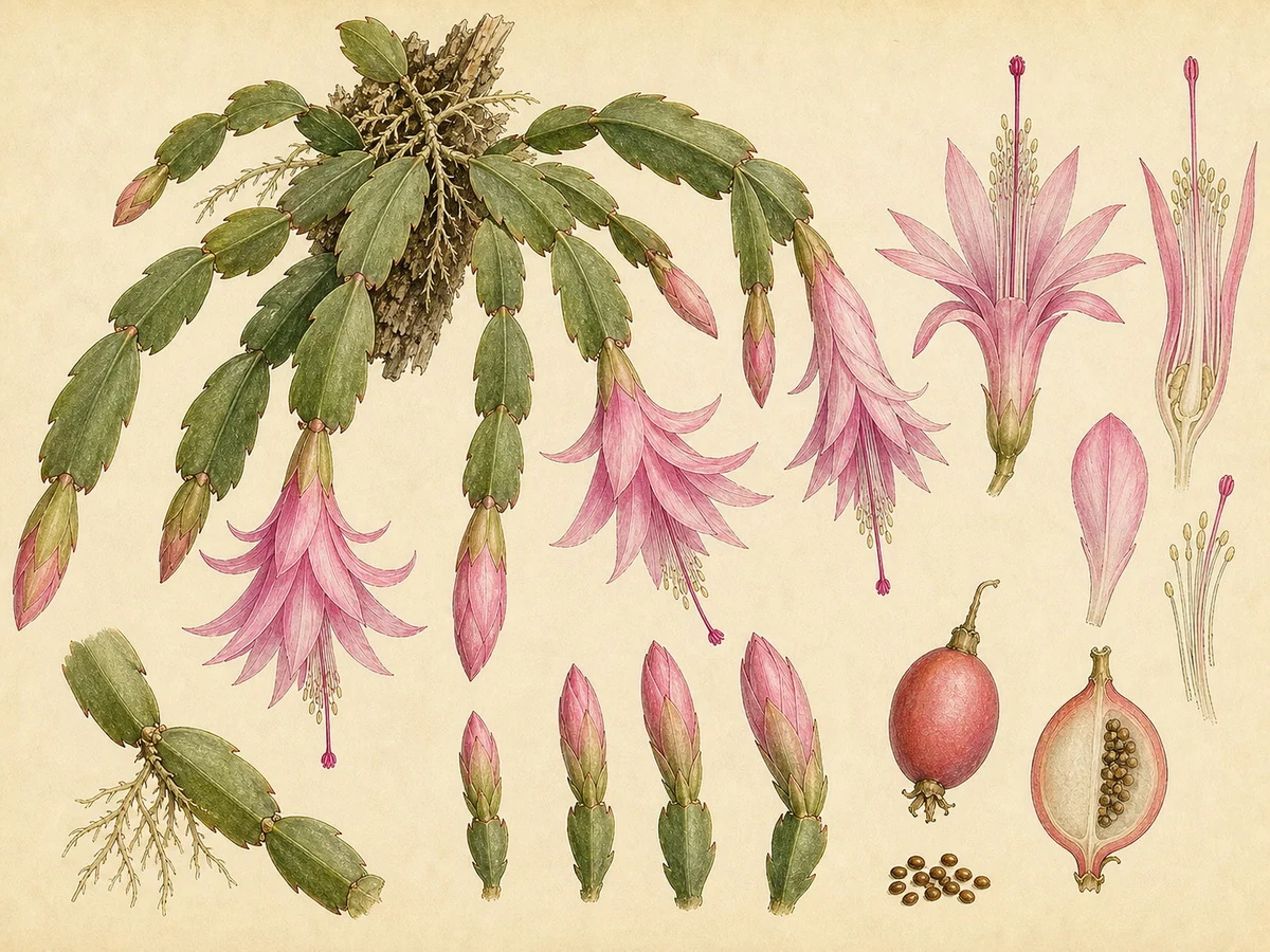 Prancha botânica complementar de Cato-de-Natal-russelliano (Schlumbergera russelliana) com caracteres de identificação e ciclo de vida
