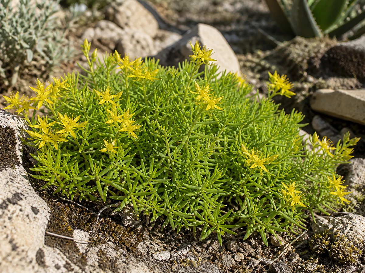 Prancha botânica complementar de Sedum-linear (Sedum lineare) com caracteres de identificação e ciclo de vida