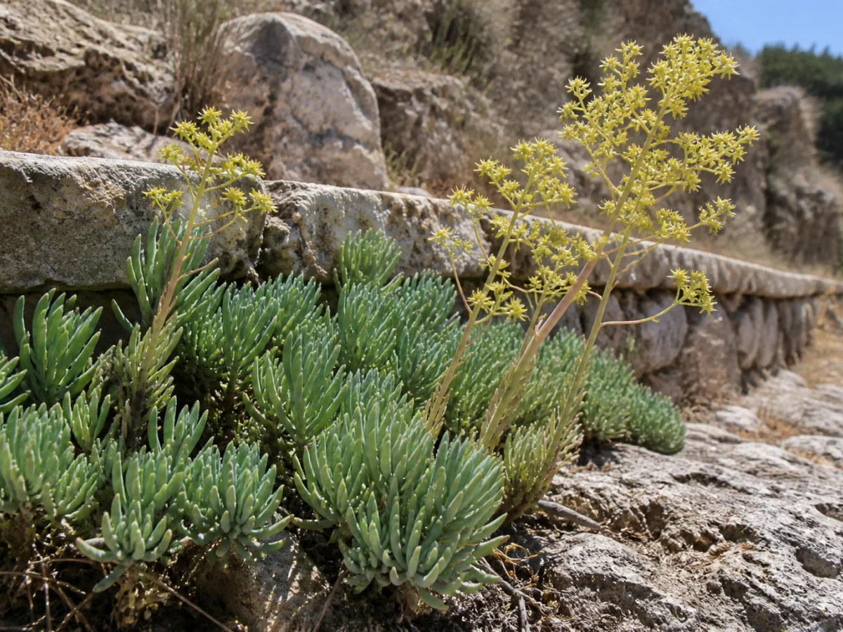 Prancha botânica complementar de Erva-pinheira-suculenta (Sedum sediforme) com caracteres de identificação e ciclo de vida