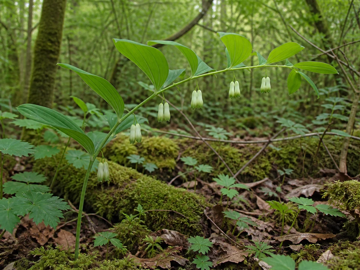 Prancha botânica complementar de Selo-de-salomão (Polygonatum odoratum) com caracteres de identificação e ciclo de vida