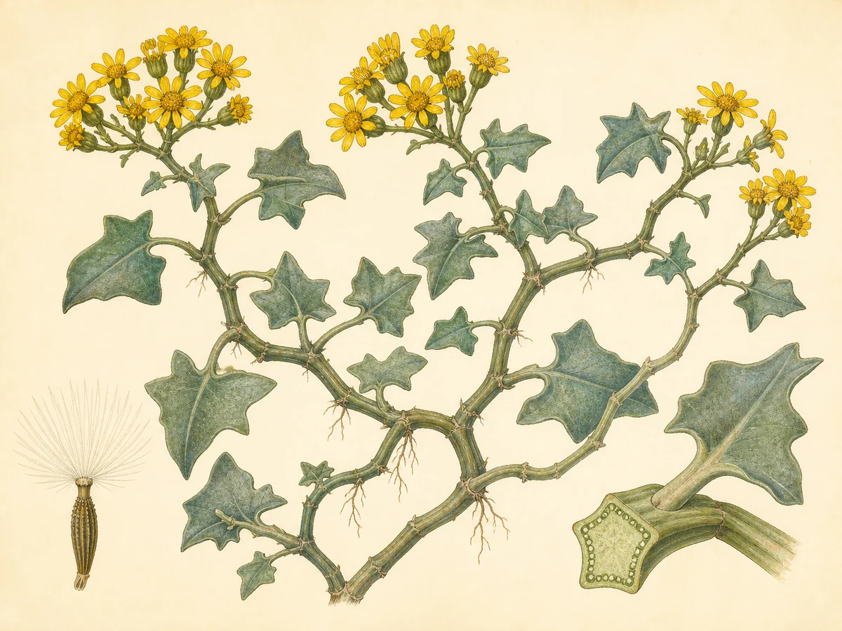 Prancha botânica complementar de Senécio-angular (Senecio angulatus) com caracteres de identificação e ciclo de vida