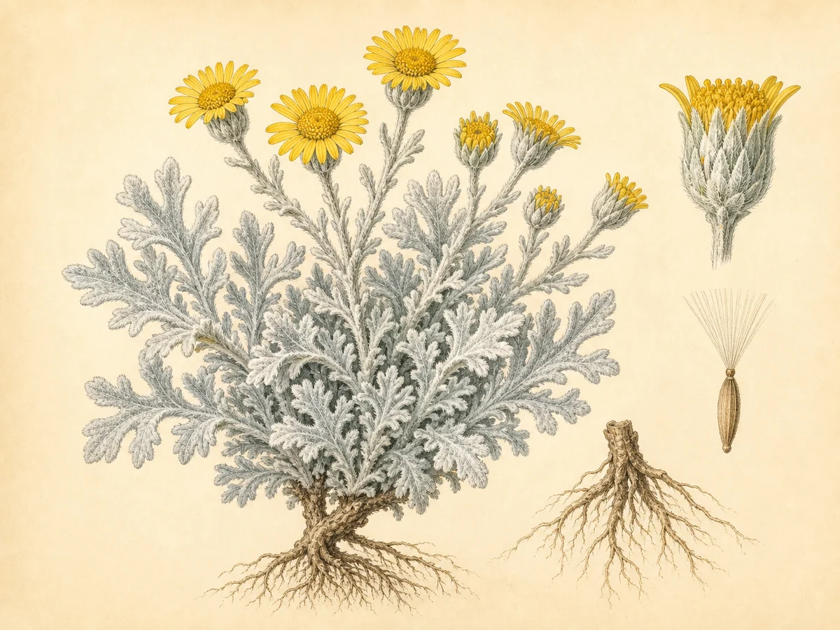 Prancha botânica complementar de Senecio bicolor subsp. cinerea — não plantar (Senecio bicolor subsp. cinerea) com caracteres de identificação e ciclo de vida