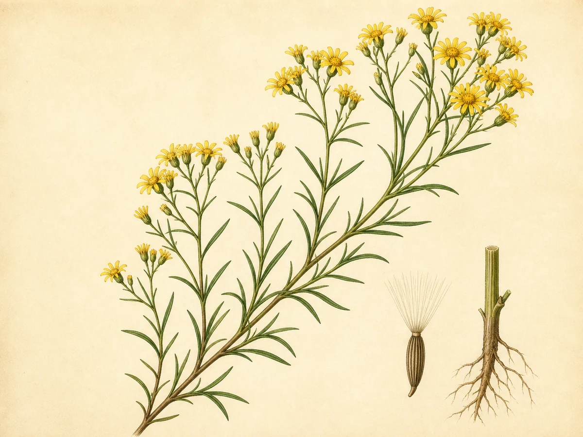 Prancha botânica complementar de Senécio-inaequidens — não plantar (Senecio inaequidens) com caracteres de identificação e ciclo de vida