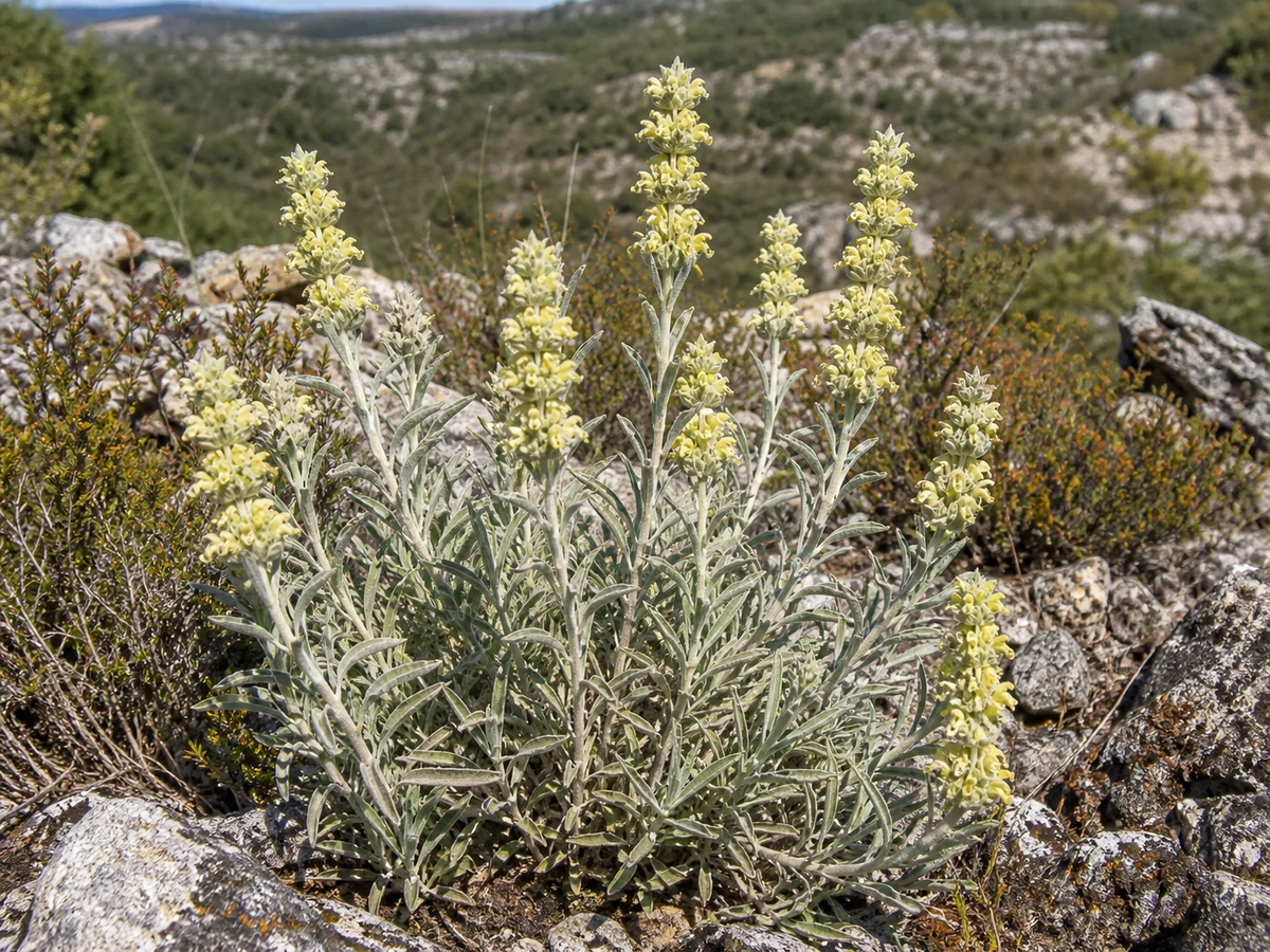 Prancha botânica complementar de Sideritis-lusitanica (Sideritis arborescens subsp. lusitanica) com caracteres de identificação e ciclo de vida