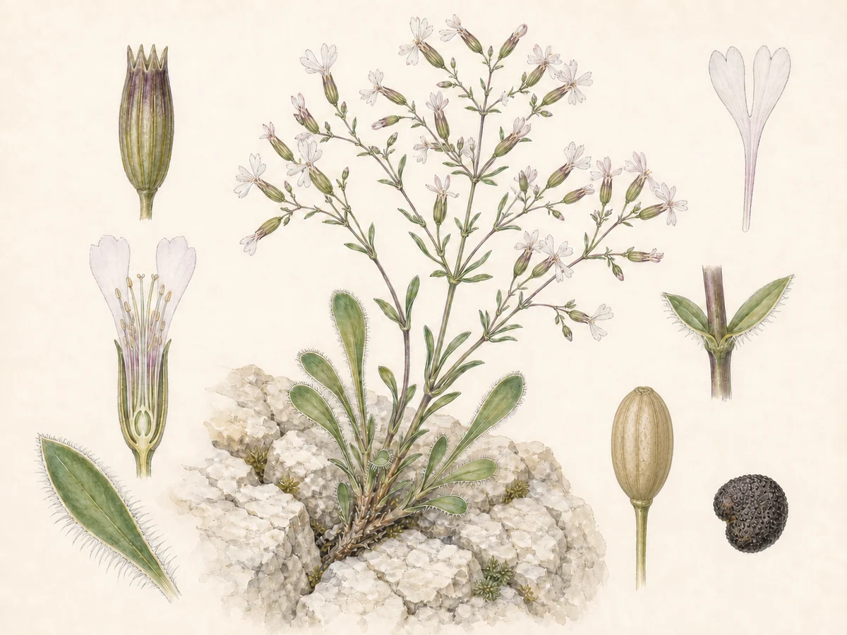 Prancha botânica complementar de Silene-calcícola (Silene longicilia) com caracteres de identificação e ciclo de vida