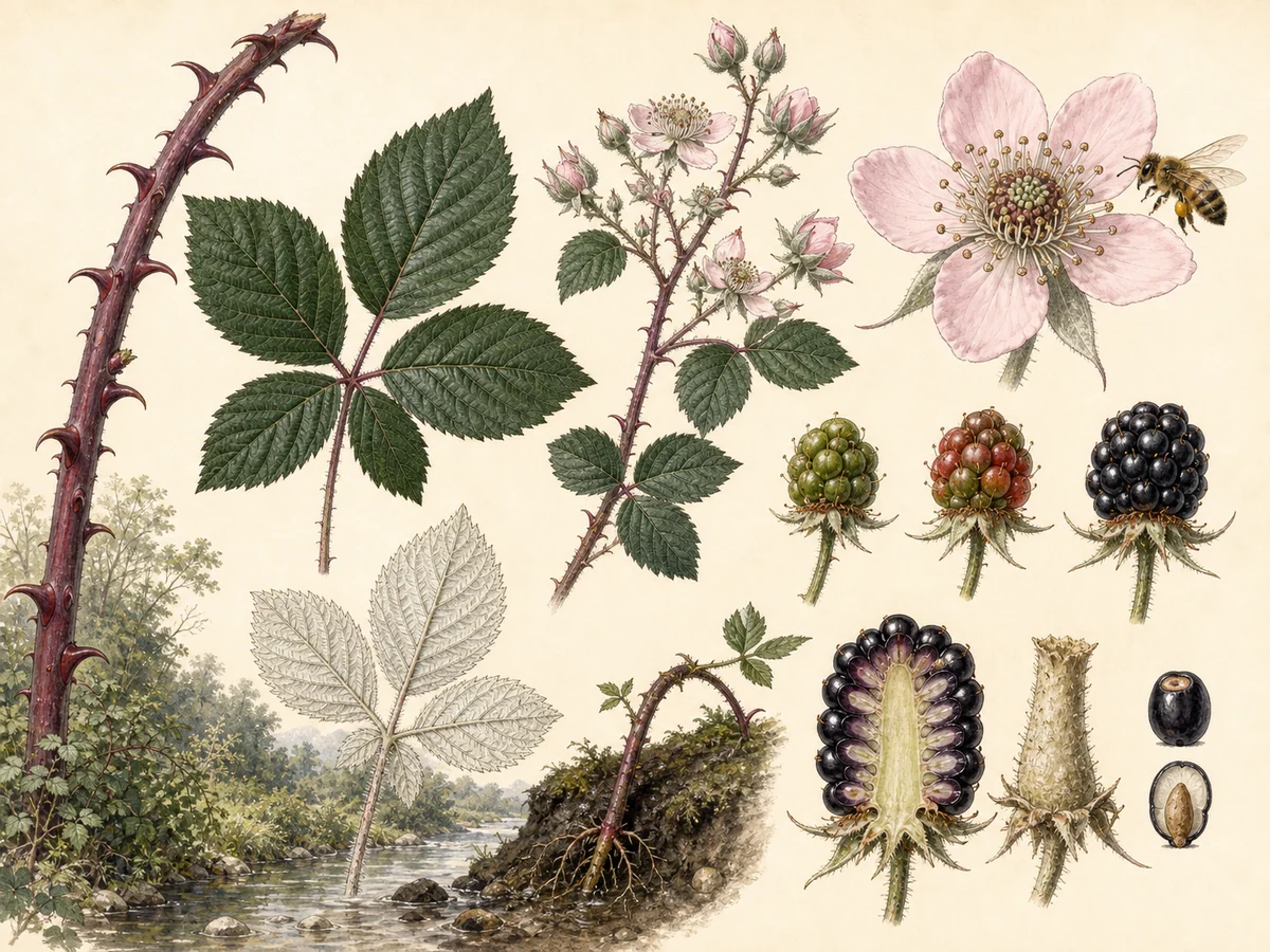 Prancha botânica complementar de Silva-comum (Rubus ulmifolius var. ulmifolius) com caracteres de identificação e ciclo de vida