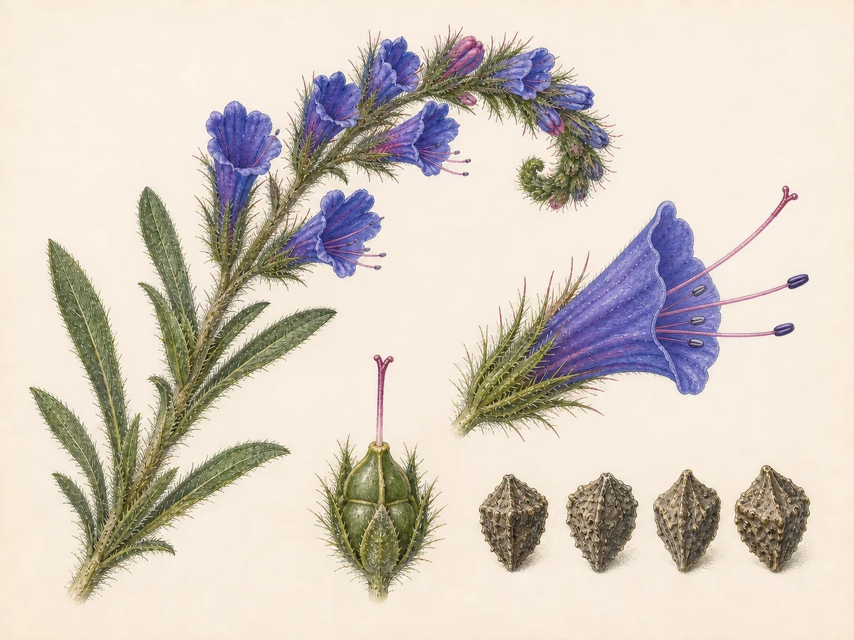 Prancha botânica complementar de Soagem (Echium plantagineum) com caracteres de identificação e ciclo de vida