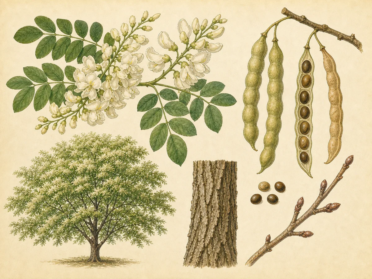 Prancha botânica complementar de Sófora-do-Japão (Styphnolobium japonicum) com caracteres de identificação e ciclo de vida