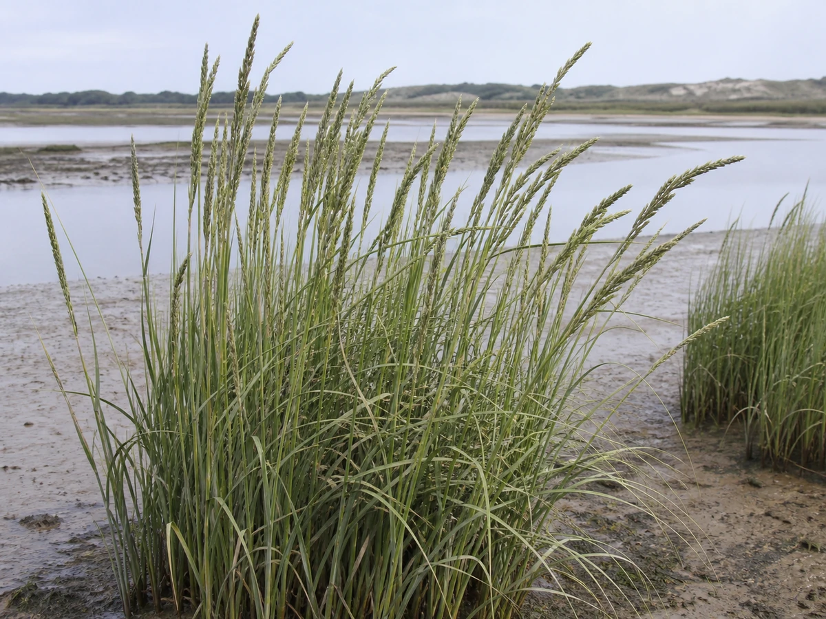 Prancha botânica complementar de Spartina densiflora — não plantar (Spartina densiflora) com caracteres de identificação e ciclo de vida