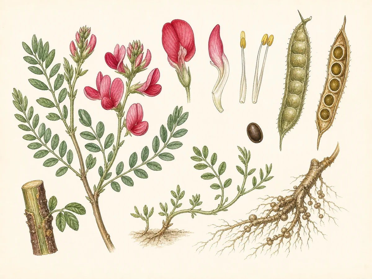 Prancha botânica complementar de Sula (Hedysarum coronarium) com caracteres de identificação e ciclo de vida
