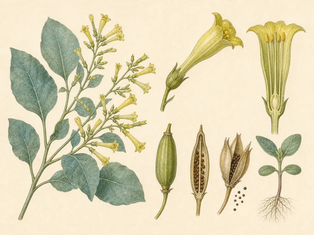 Prancha botânica complementar de Tabaqueira-azul — não plantar (Nicotiana glauca) com caracteres de identificação e ciclo de vida