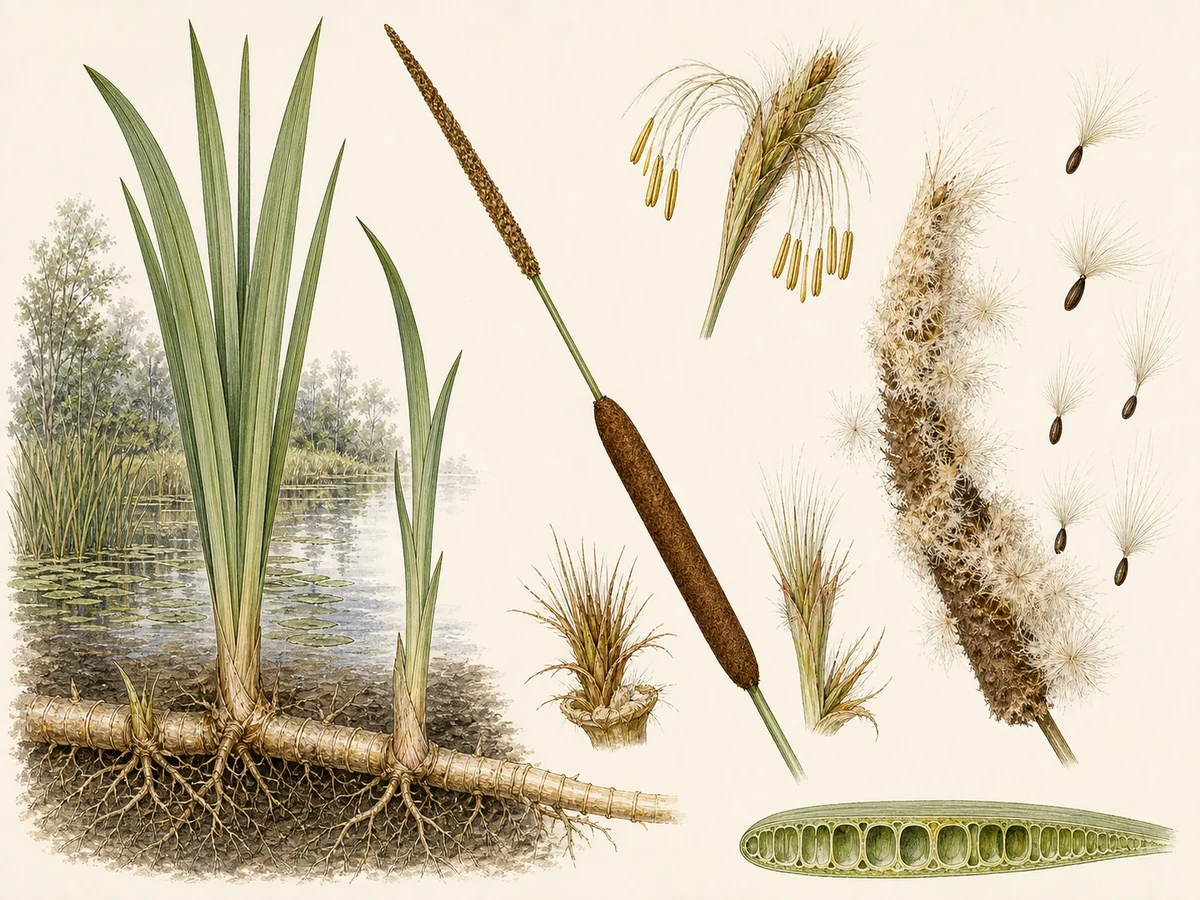 Prancha botânica complementar de Tábua-estreita (Typha domingensis) com caracteres de identificação e ciclo de vida