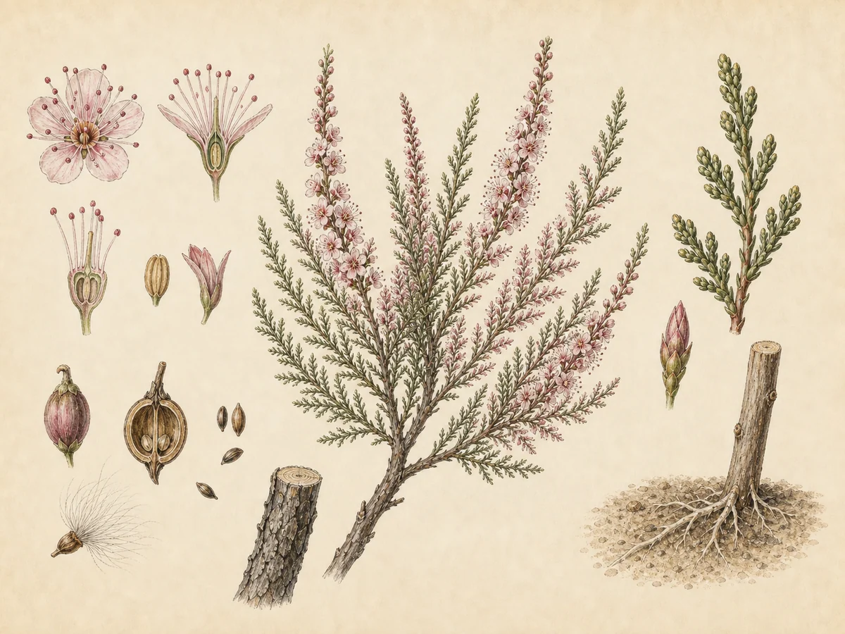 Prancha botânica complementar de Tamargueira-africana (Tamarix africana) com caracteres de identificação e ciclo de vida