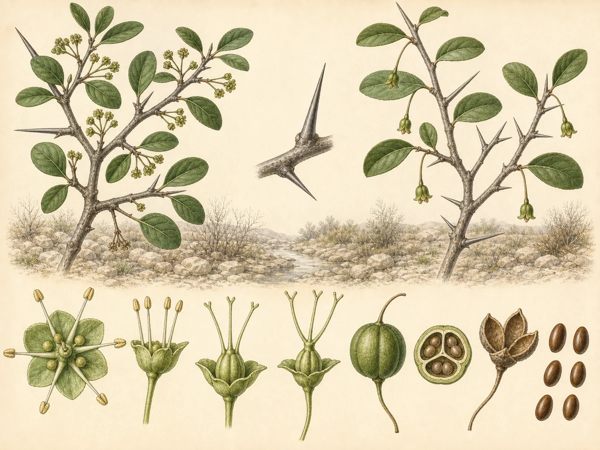 Prancha botânica complementar de Tamujo (Flueggea tinctoria) com caracteres de identificação e ciclo de vida