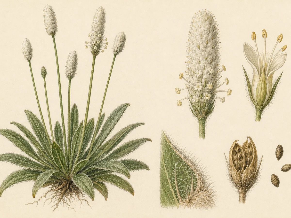Prancha botânica complementar de Tanchagem-peluda (Plantago lagopus) com caracteres de identificação e ciclo de vida