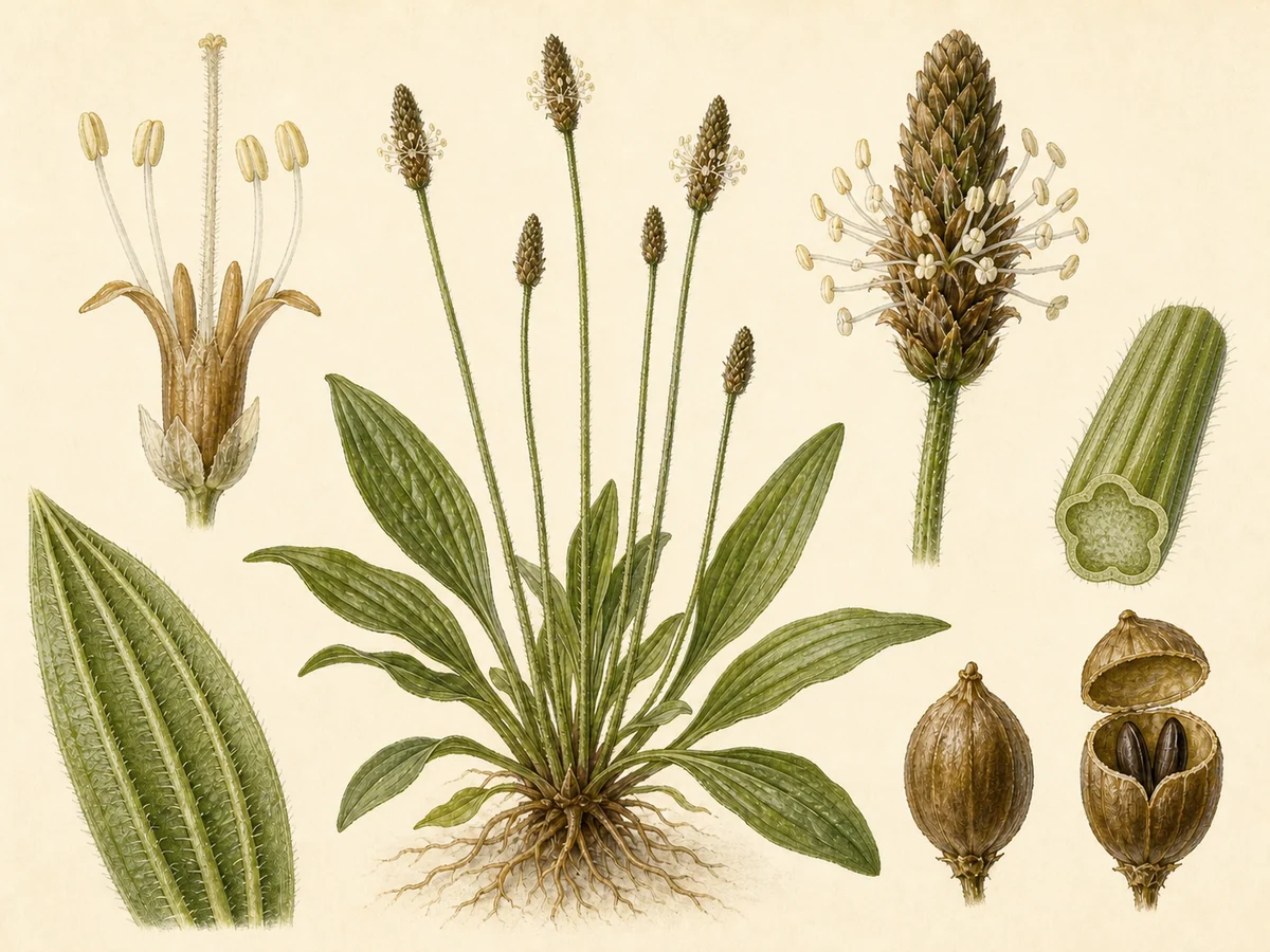 Prancha botânica complementar de Tanchagem (Plantago lanceolata) com caracteres de identificação e ciclo de vida