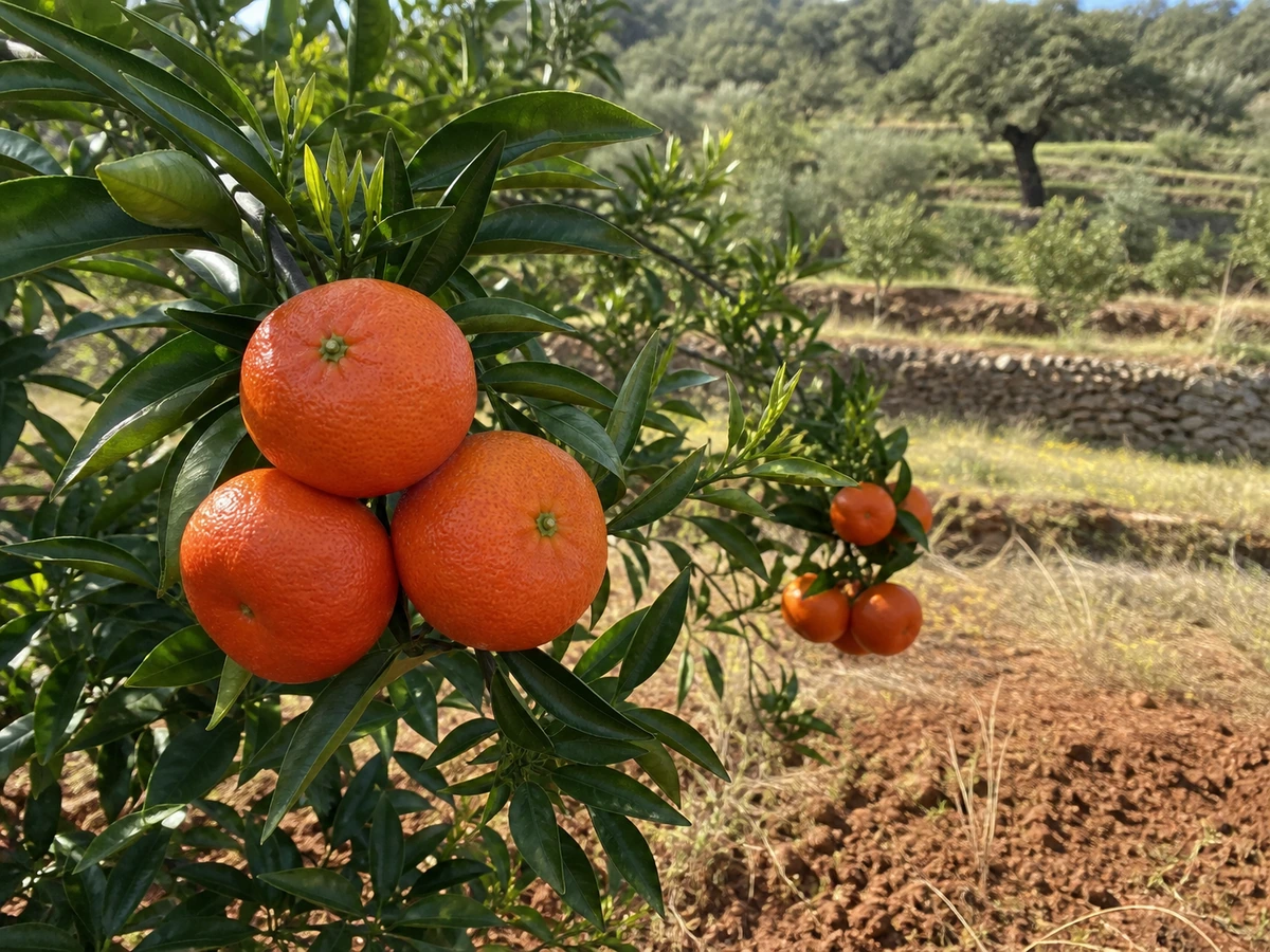 Prancha botânica complementar de Tangerineira híbrida Encore (Citrus hybrid 'Encore') com caracteres de identificação e ciclo de vida
