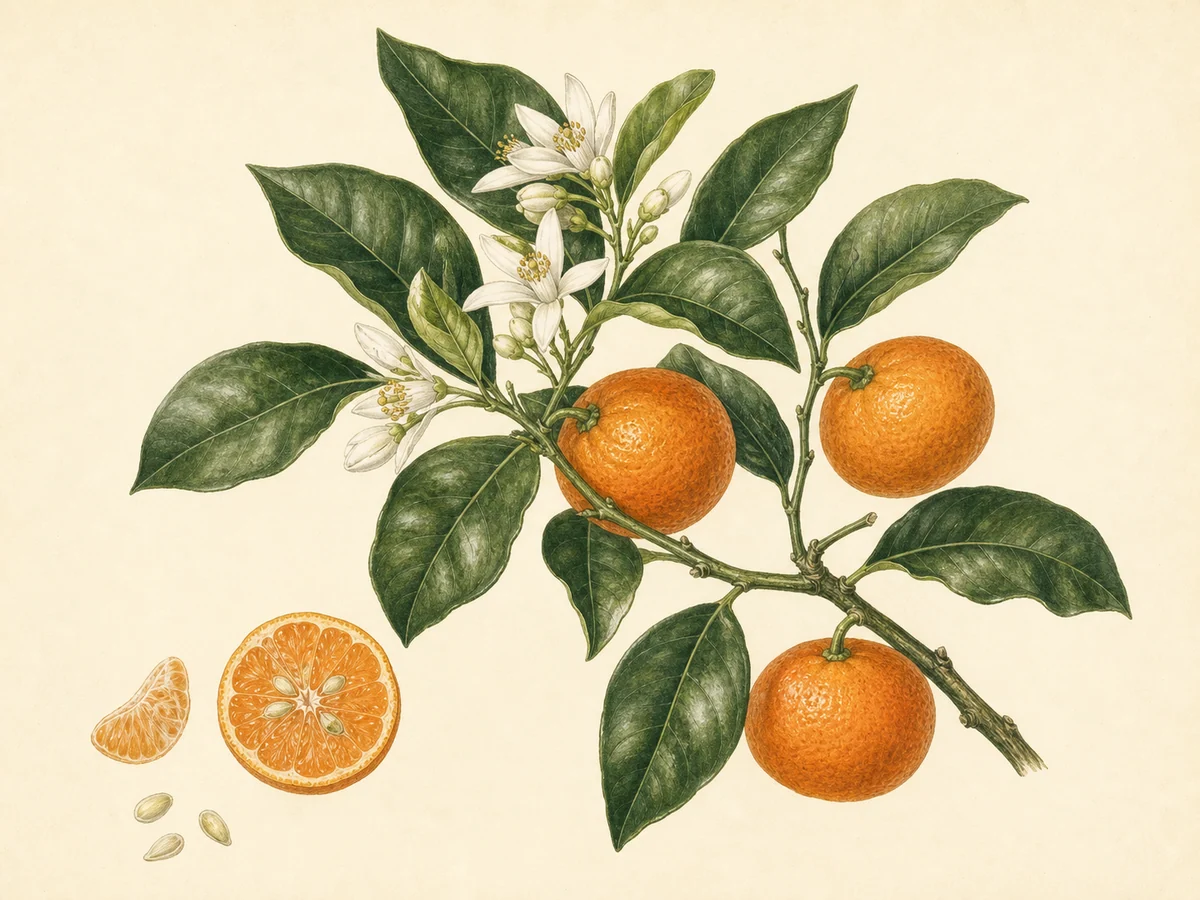 Prancha botânica complementar de Tangoreira Ortanique (Citrus reticulata × Citrus sinensis 'Ortanique') com caracteres de identificação e ciclo de vida