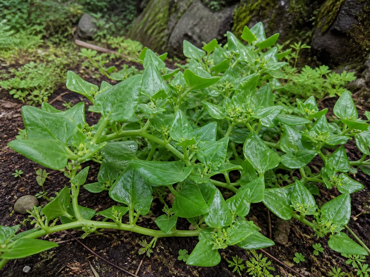 Prancha botânica complementar de Tetragonia tetragonioides — cultivo doméstico rastreado na Madeira (Tetragonia tetragonioides) com caracteres de identificação e ciclo de vida