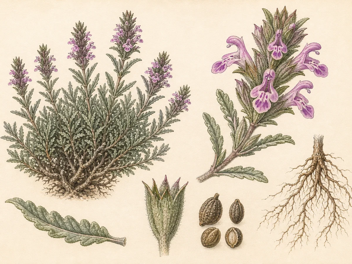 Prancha botânica complementar de Teúcrio-algarvio (Teucrium algarbiense) com caracteres de identificação e ciclo de vida