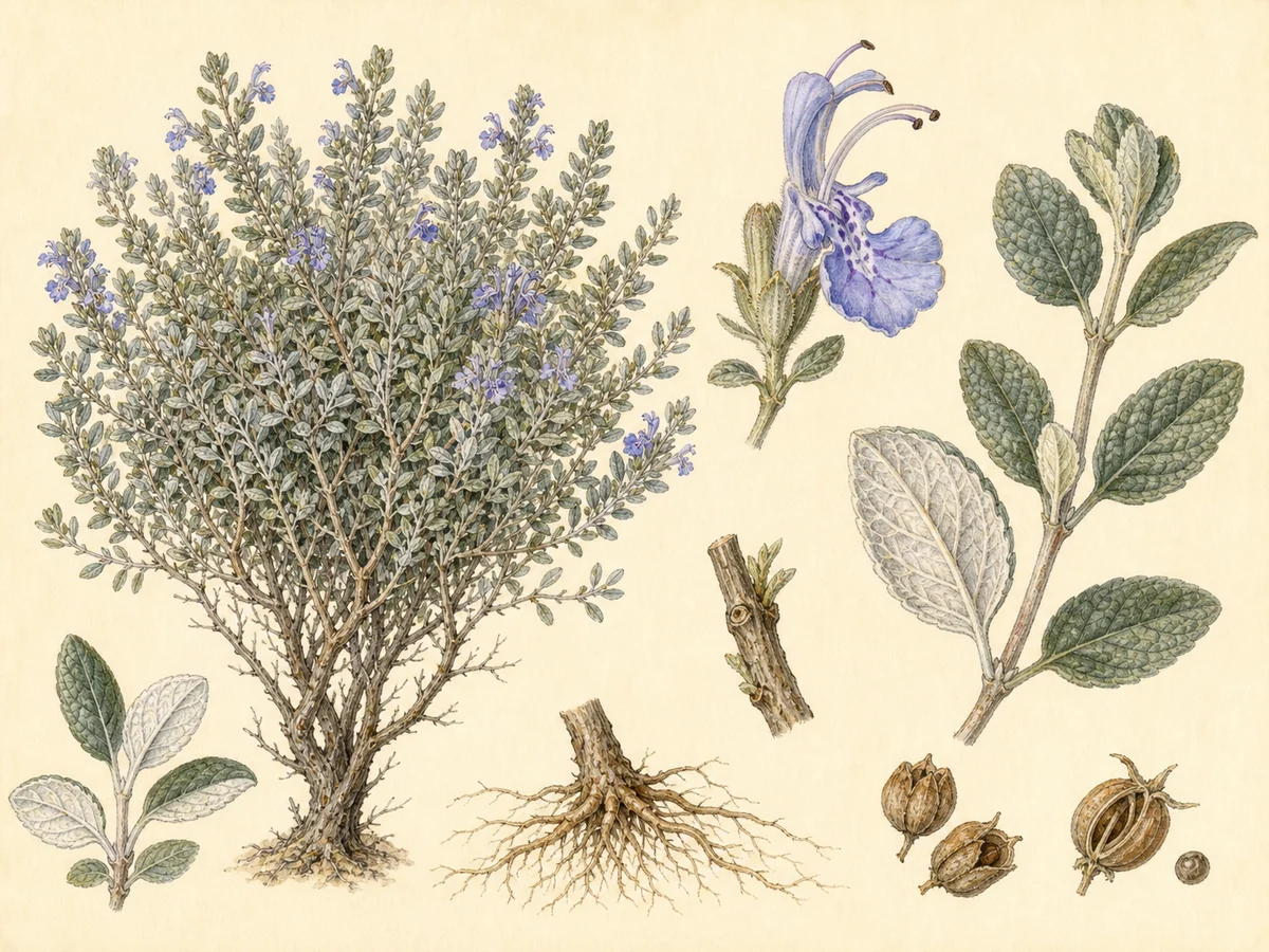 Prancha botânica complementar de Teúcrio-arbustivo (Teucrium fruticans) com caracteres de identificação e ciclo de vida