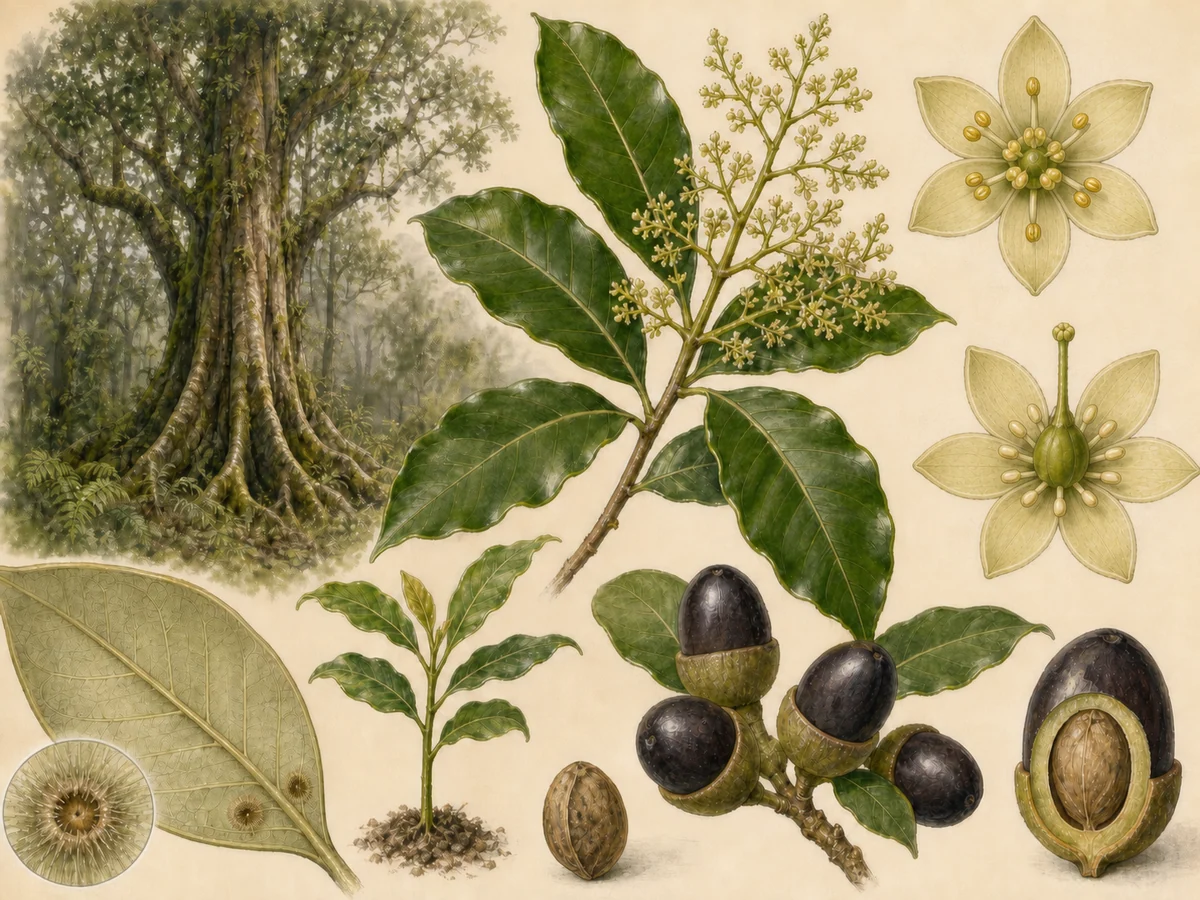 Prancha botânica complementar de Til-da-Madeira (Ocotea foetens) com caracteres de identificação e ciclo de vida