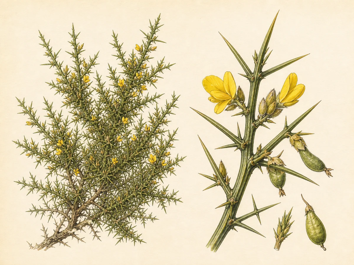 Prancha botânica complementar de Tojo-gatunho (Ulex densus) com caracteres de identificação e ciclo de vida