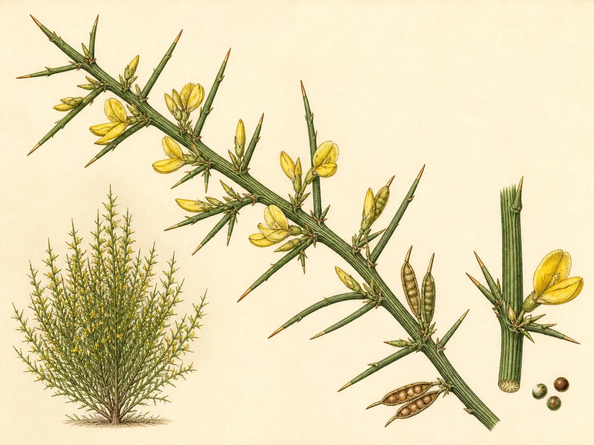 Prancha botânica complementar de Tojo-manso (Stauracanthus genistoides) com caracteres de identificação e ciclo de vida