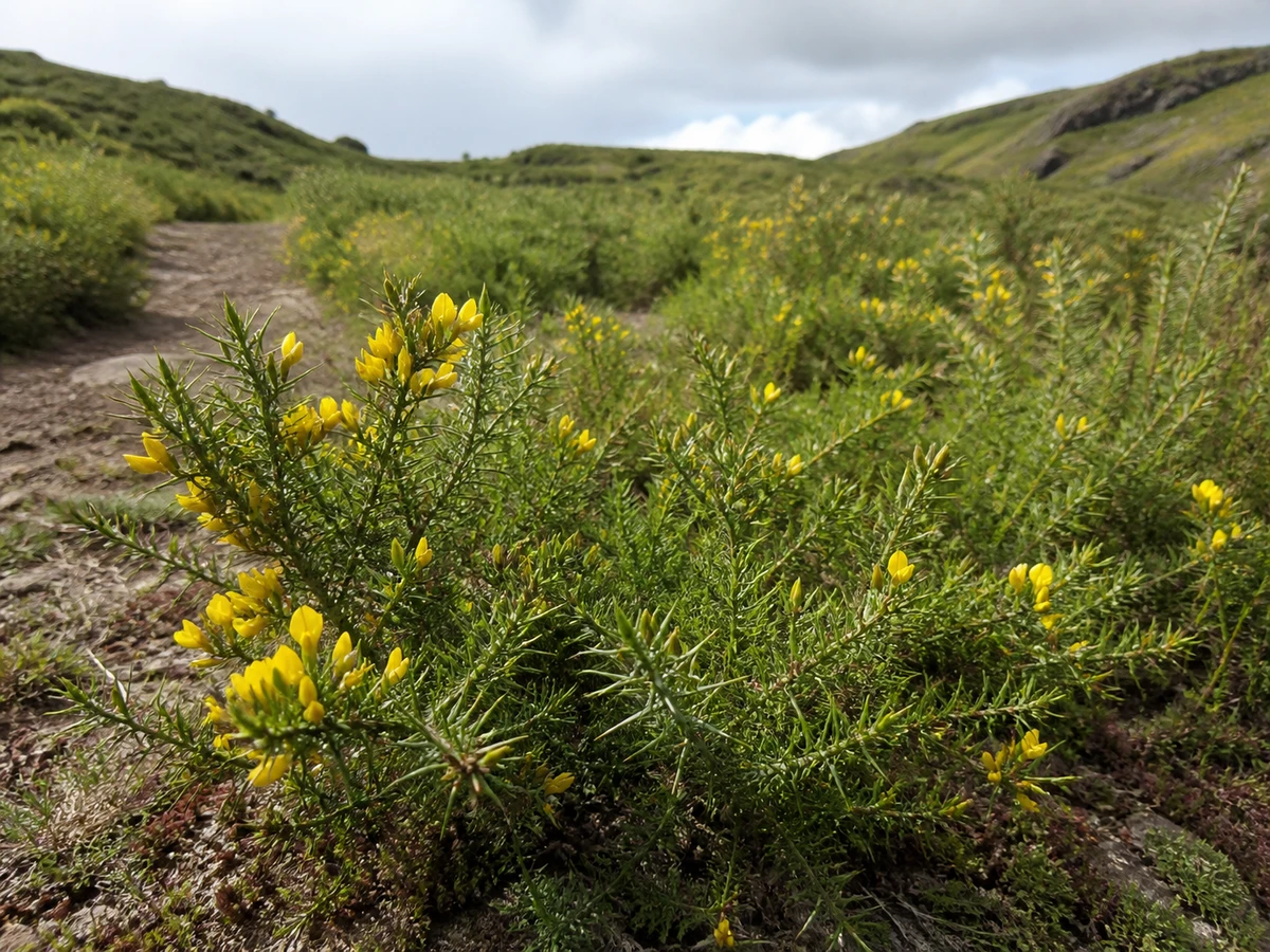 Prancha botânica complementar de Tojo-molar — não plantar na Madeira (Ulex minor) com caracteres de identificação e ciclo de vida