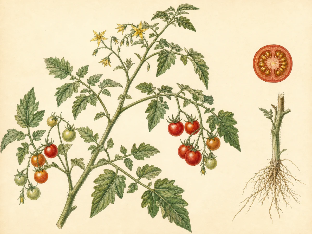 Prancha botânica complementar de Tomate Cereja de Inverno (Solanum lycopersicum 'Cereja de Inverno') com caracteres de identificação e ciclo de vida