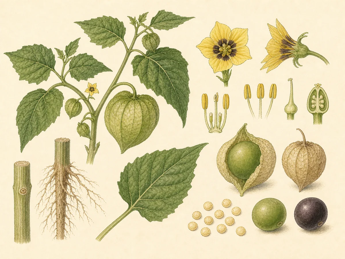 Prancha botânica complementar de Tomatillo (Physalis philadelphica) com caracteres de identificação e ciclo de vida