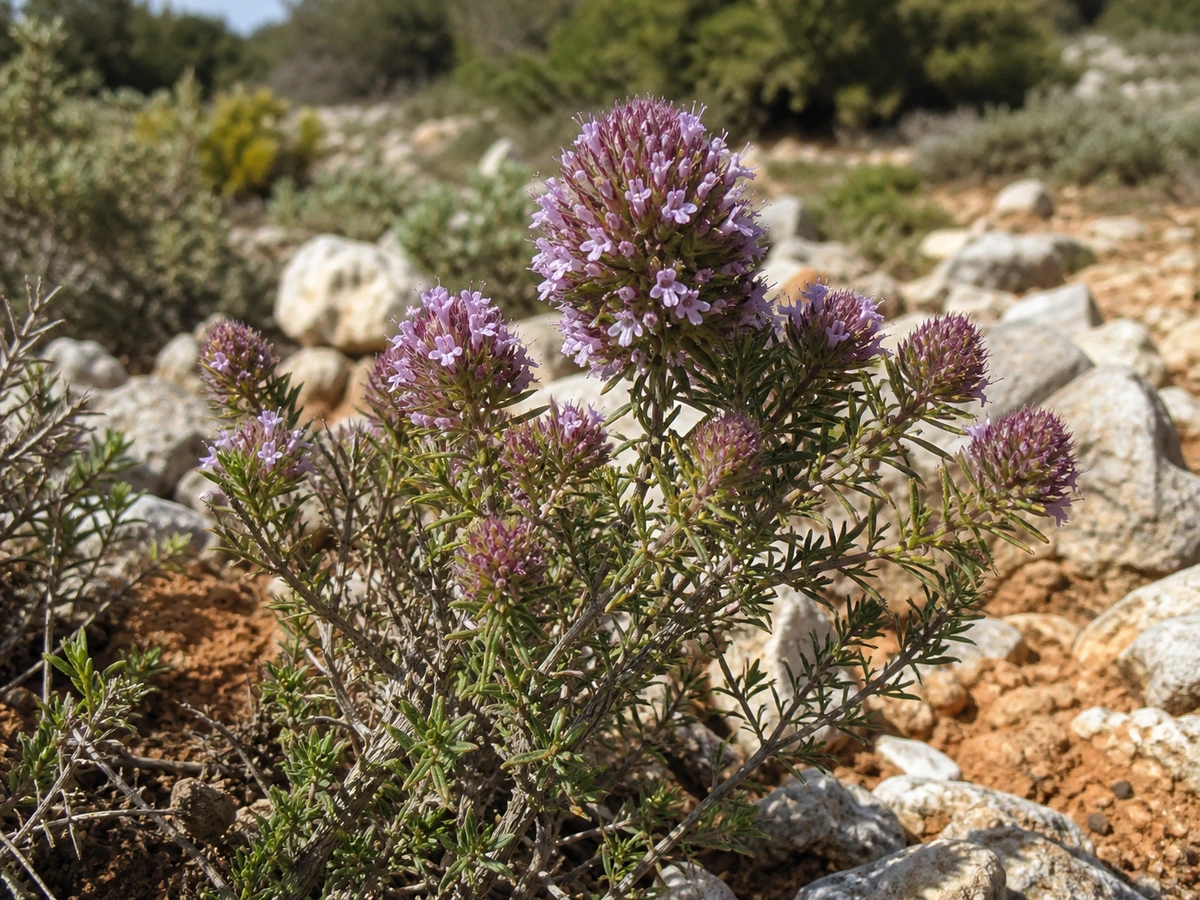Prancha botânica complementar de Tomilho-cabeçudo-do-Algarve (Thymus lotocephalus) com caracteres de identificação e ciclo de vida