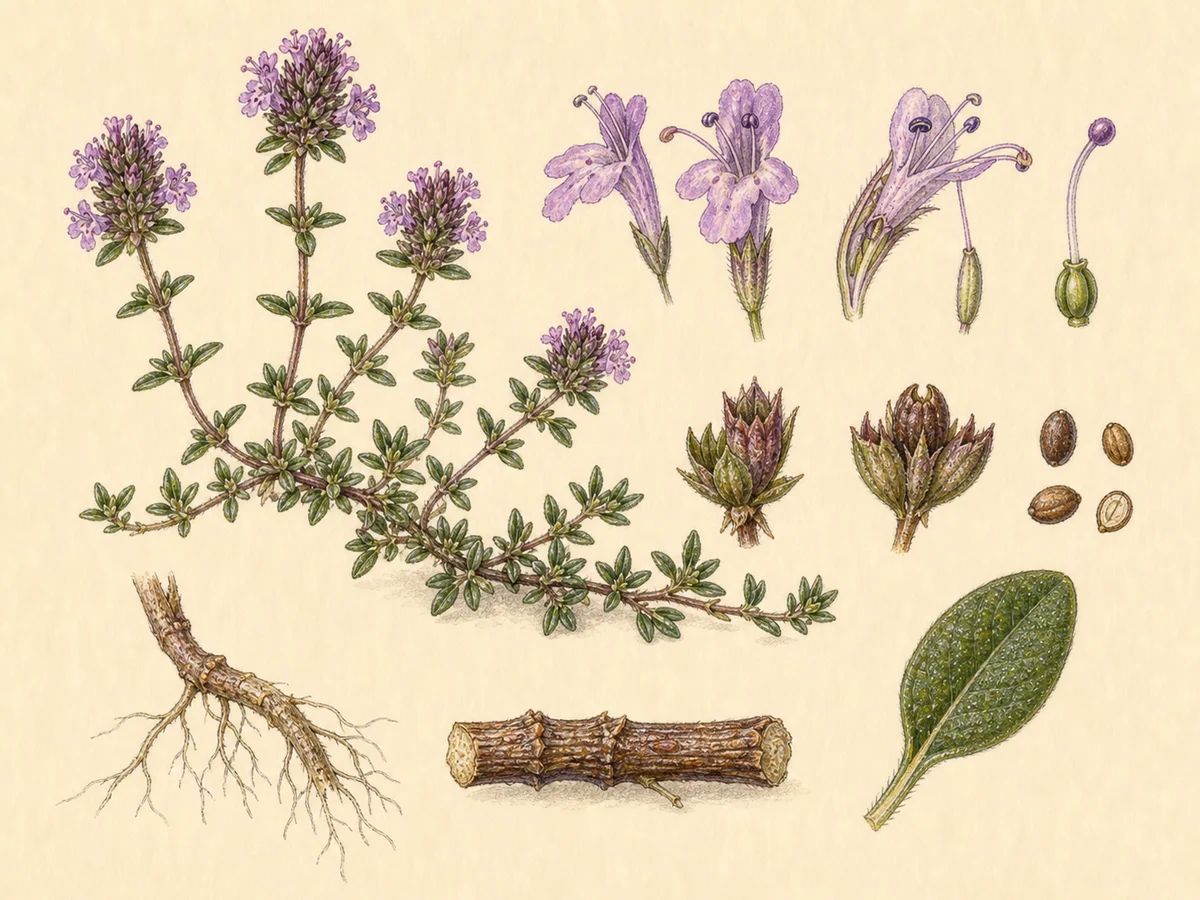 Prancha botânica complementar de Tomilho-rasteiro (Thymus serpyllum) com caracteres de identificação e ciclo de vida