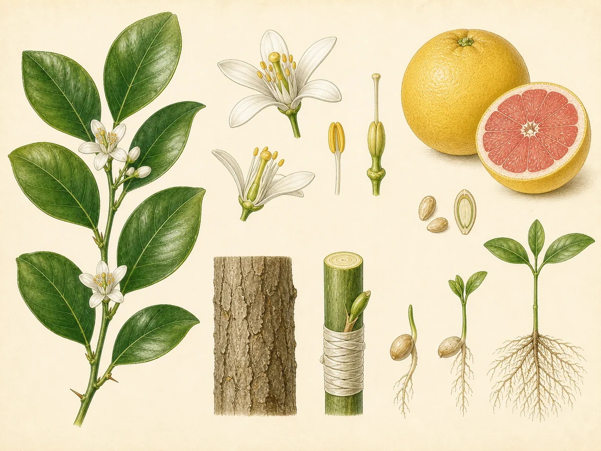 Prancha botânica complementar de Toranjeira (Citrus × paradisi) com caracteres de identificação e ciclo de vida