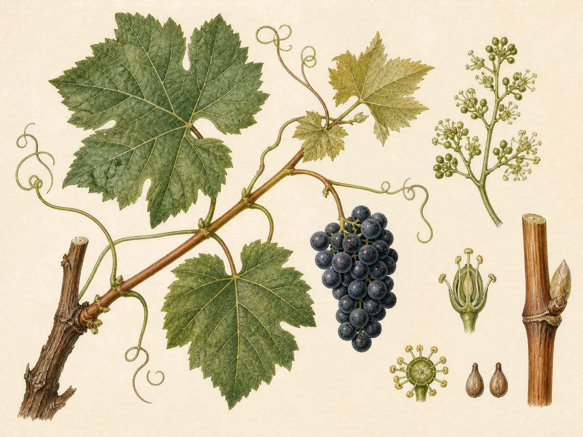 Prancha botânica complementar de Videira Touriga Nacional (Vitis vinifera 'Touriga Nacional') com caracteres de identificação e ciclo de vida