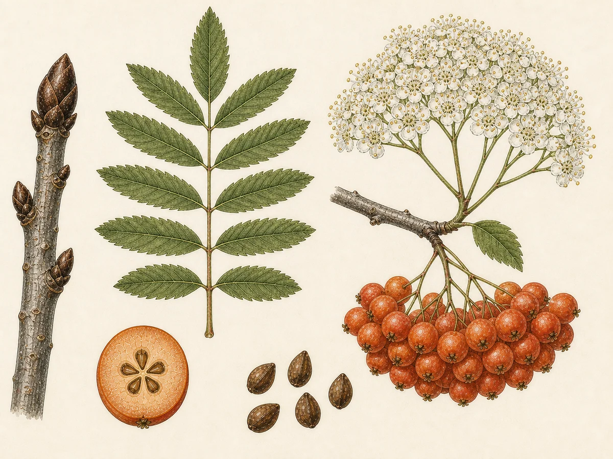 Prancha botânica complementar de Tramazeira (Sorbus aucuparia) com caracteres de identificação e ciclo de vida