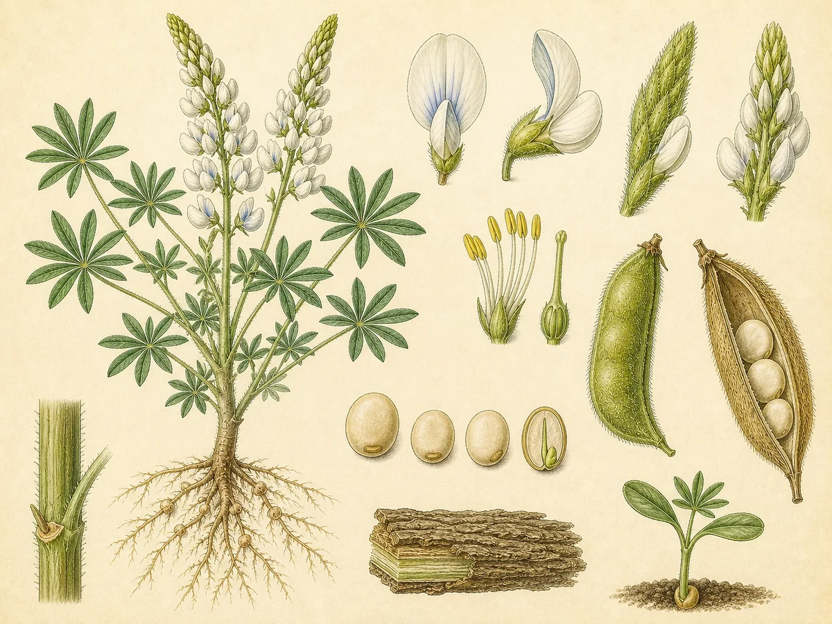 Prancha botânica complementar de Tremoço-branco (Lupinus albus) com caracteres de identificação e ciclo de vida