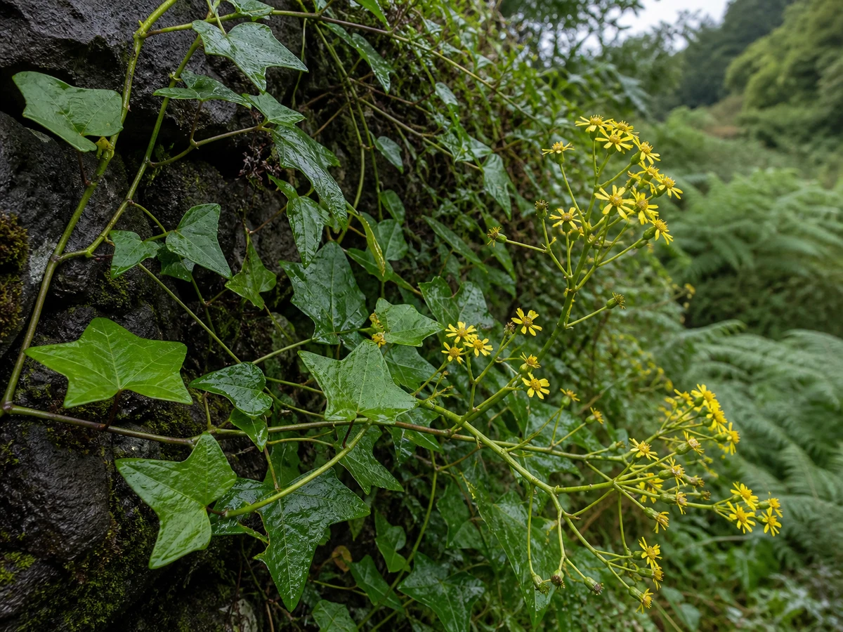 Prancha botânica complementar de Trepadeira-do-Natal — não plantar na Madeira (Senecio mikanioides) com caracteres de identificação e ciclo de vida