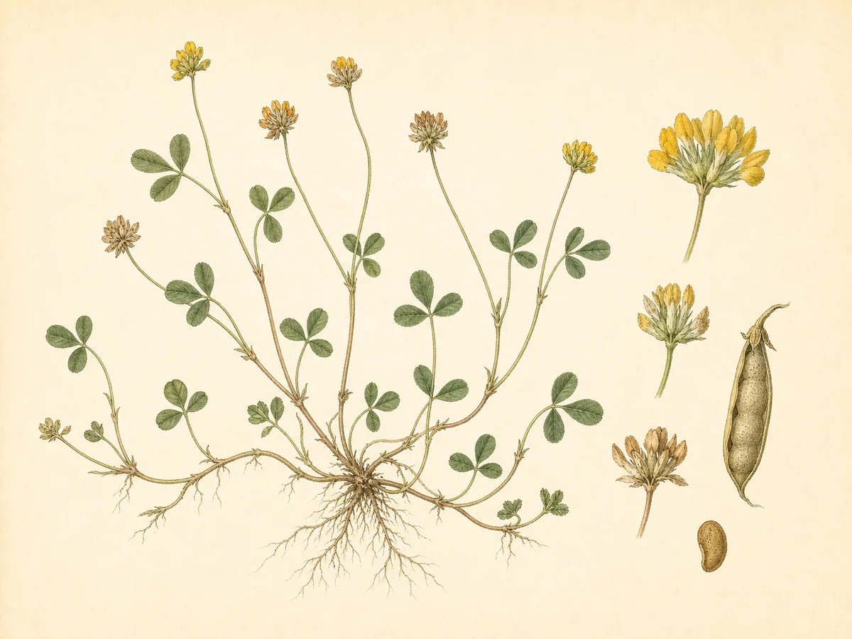 Prancha botânica complementar de Trevinho (Trifolium dubium) com caracteres de identificação e ciclo de vida