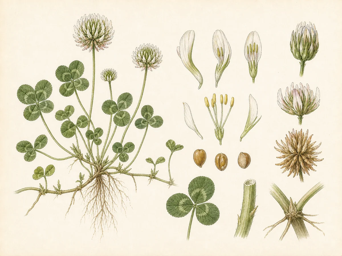 Prancha botânica complementar de Trevo-branco (Trifolium repens) com caracteres de identificação e ciclo de vida