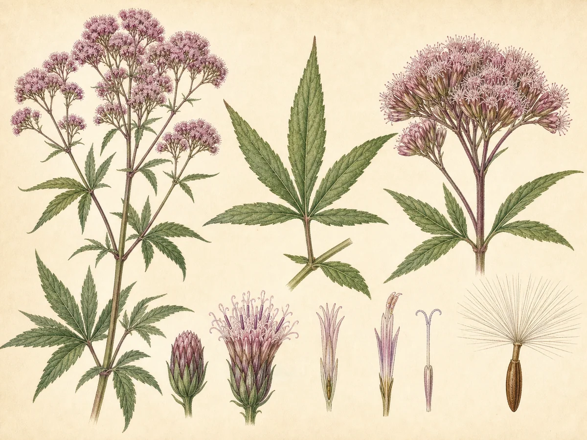 Prancha botânica complementar de Trevo-cervino (Eupatorium cannabinum subsp. cannabinum) com caracteres de identificação e ciclo de vida