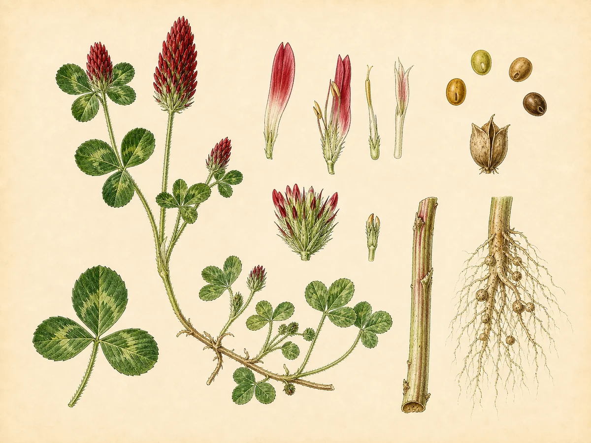 Prancha botânica complementar de Trevo-encarnado (Trifolium incarnatum) com caracteres de identificação e ciclo de vida