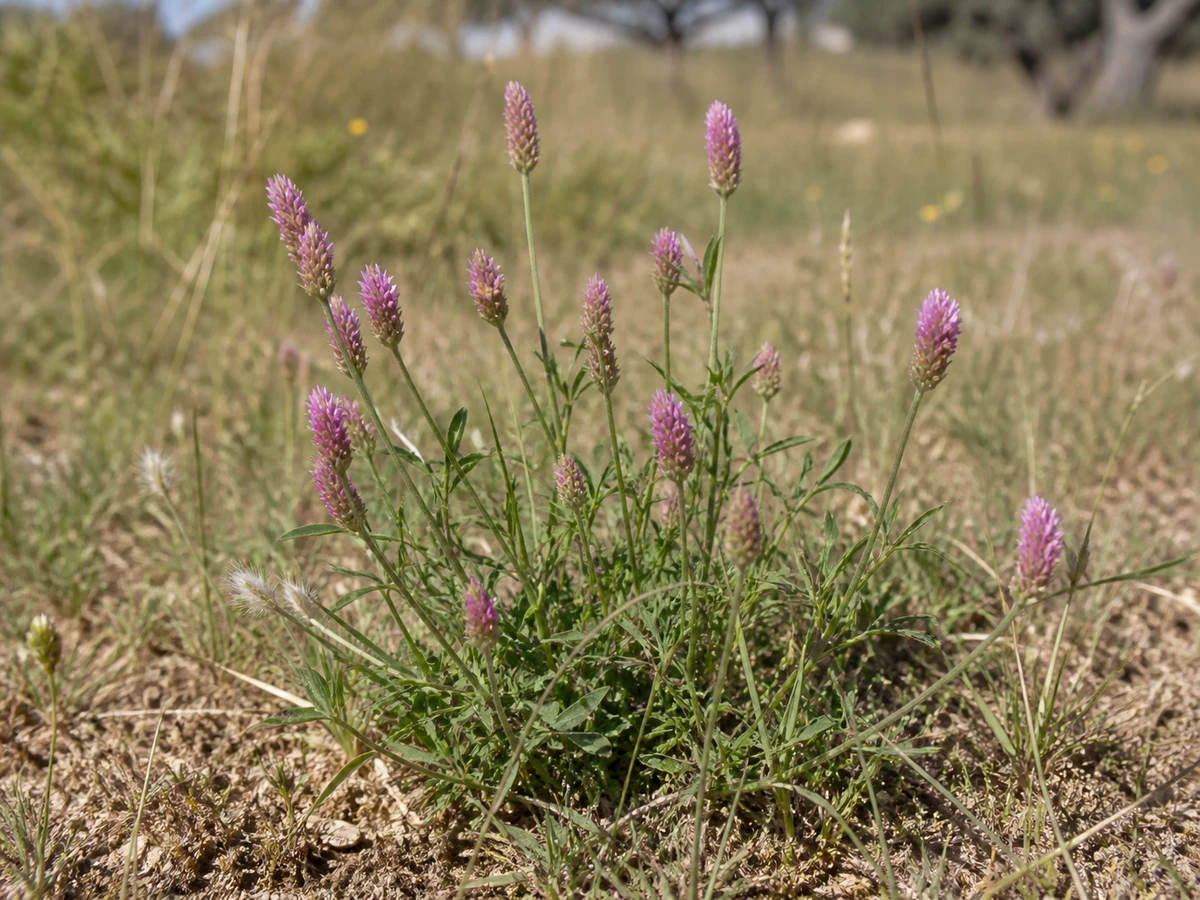 Prancha botânica complementar de Trevo-estreito (Trifolium angustifolium) com caracteres de identificação e ciclo de vida